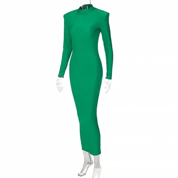 green shoulder pad dress GREEN COLUMN GOWN WITH COLOR PATCHED AND OFF-SHOULDER PADS | CULT MIA main image 1